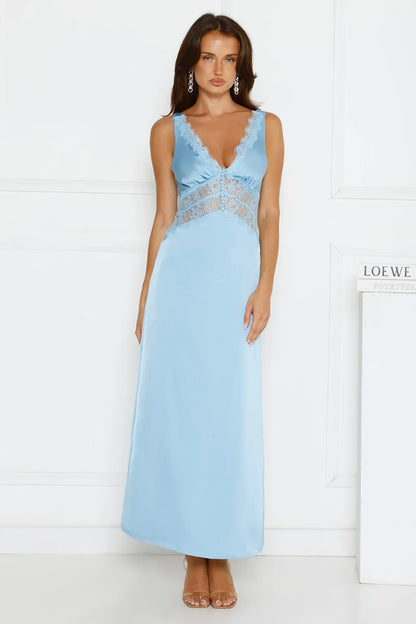 Softly In Season Satin Maxi Dress Blue