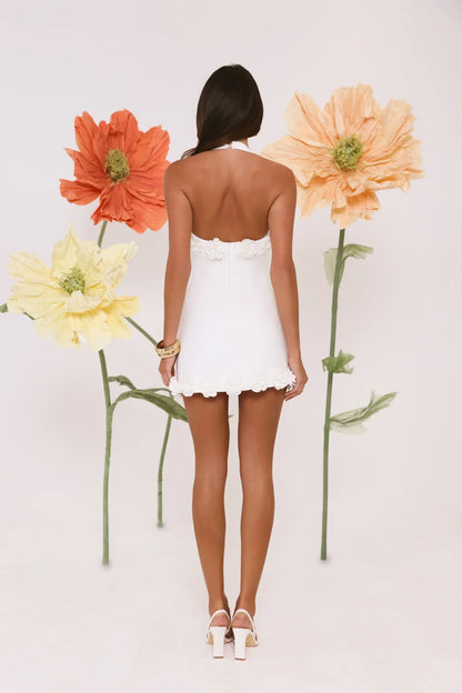 Field Of Petals Halter Mini Dress White