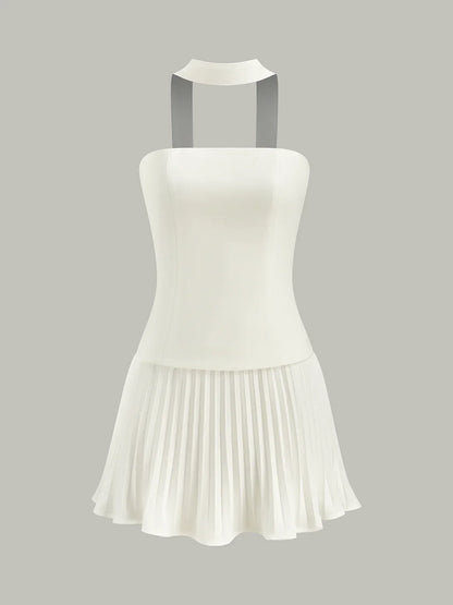 Halter Neck Strapless Pleated Mini Dress