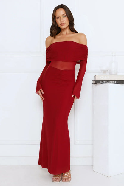 Softspell Off Shoulder Mesh Maxi Dress Burgundy