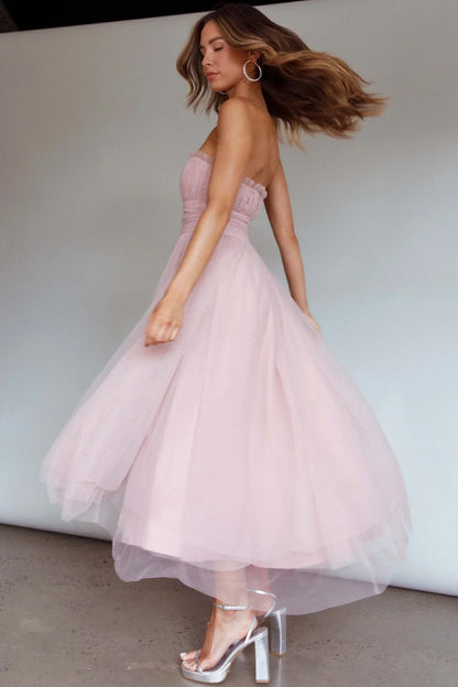 Fayette Strapless Mesh Midi Dress Blush