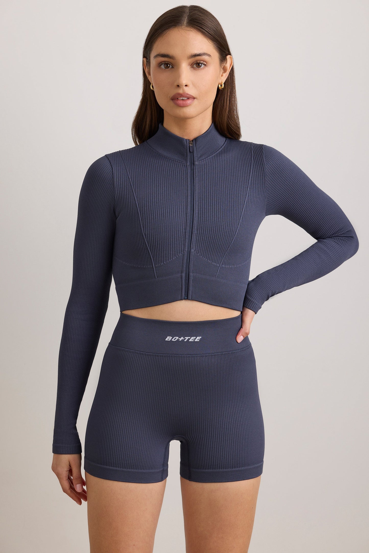 FlexiRib Zip-Up Cropped Jacket in Indigo Slate