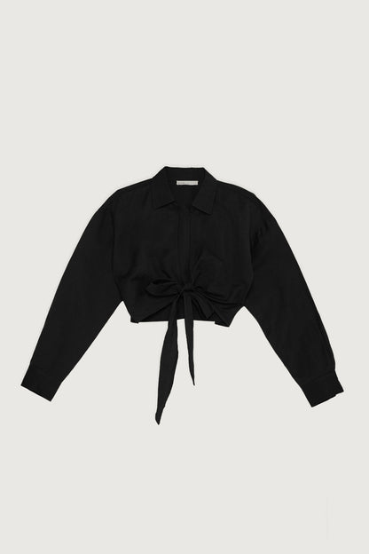 LINEN BLEND FRONT TIE SHIRT