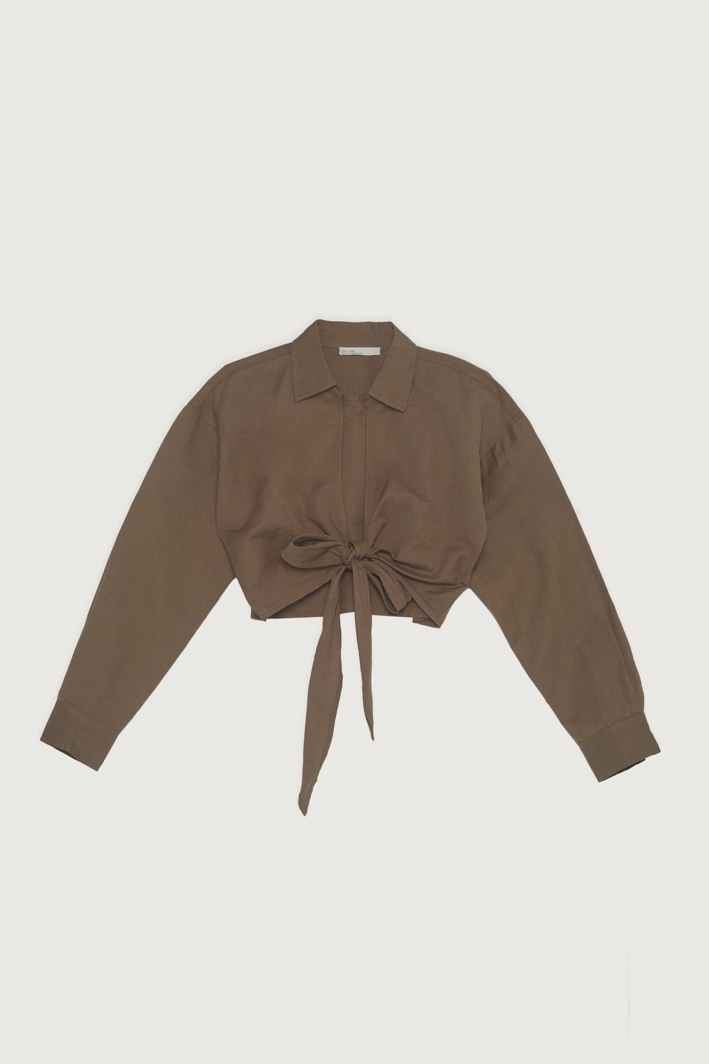 LINEN BLEND FRONT TIE SHIRT