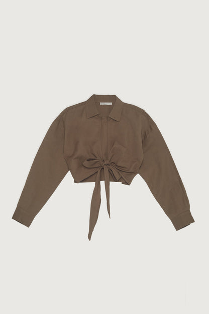 LINEN BLEND FRONT TIE SHIRT