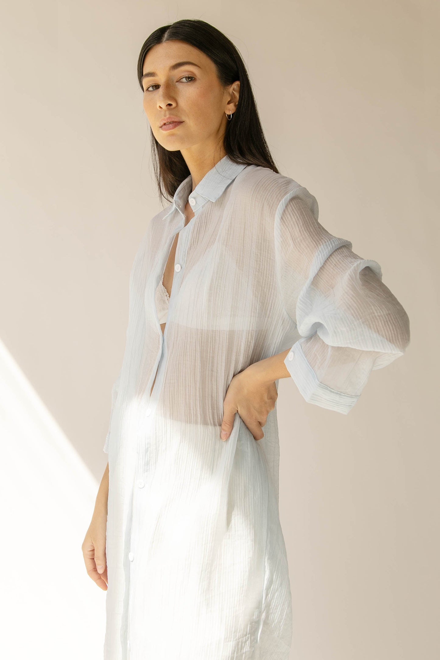 LONG SHEER BUTTON UP SHIRT