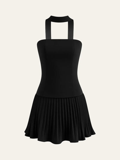 Halter Neck Strapless Pleated Mini Dress