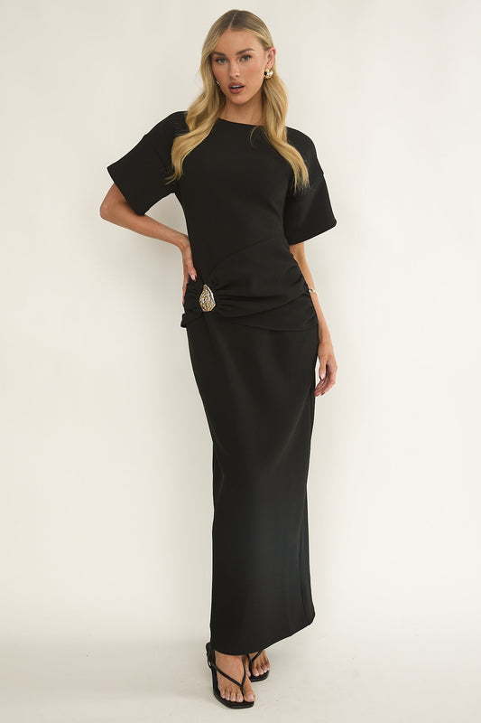 Briona Short Sleeve Buckle Maxi Dress Black