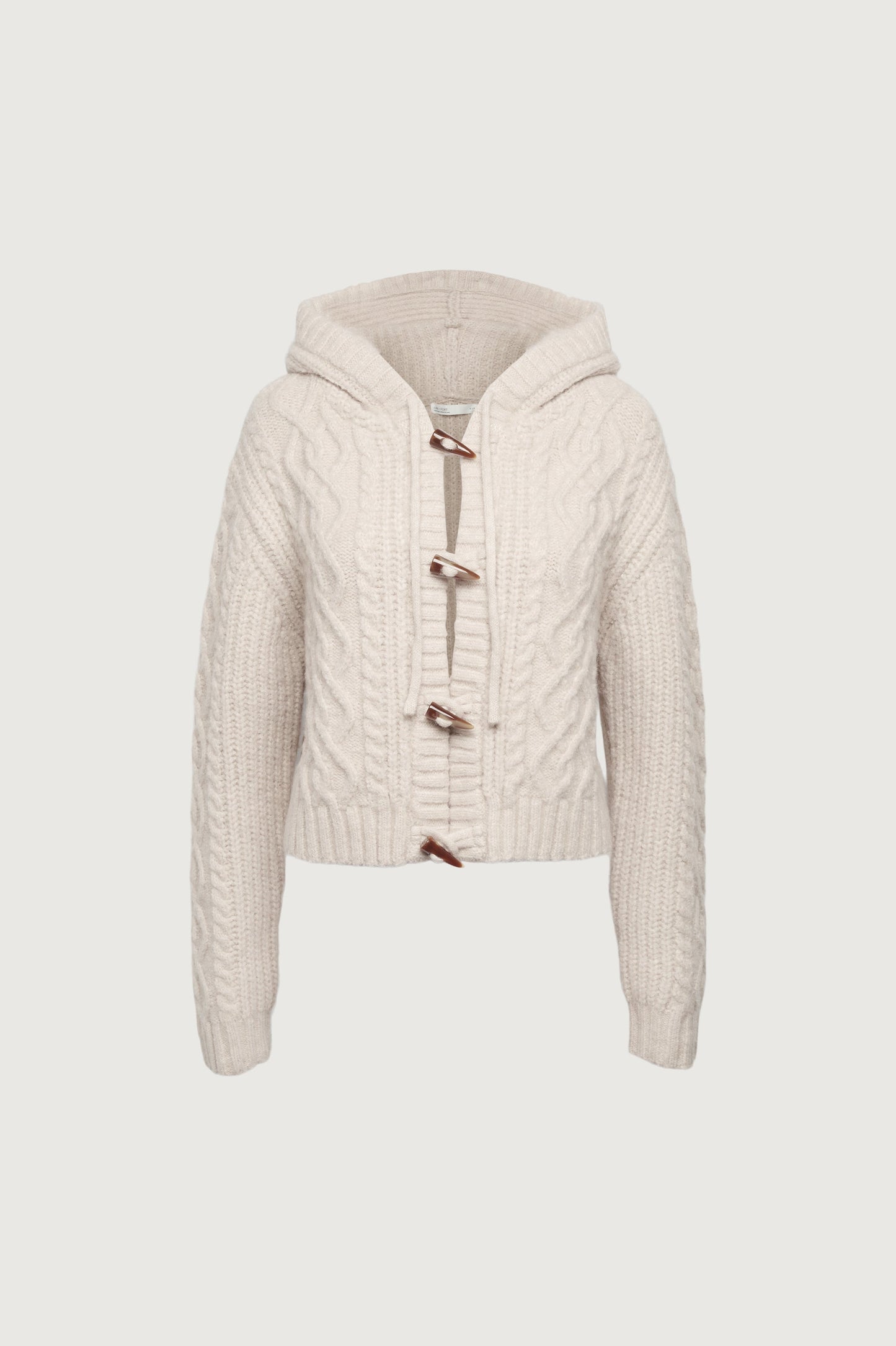CABLE KNIT HOODED CARDIGAN WITH TOGGLE CLOSURE