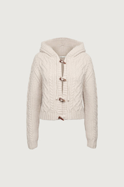 CABLE KNIT HOODED CARDIGAN WITH TOGGLE CLOSURE