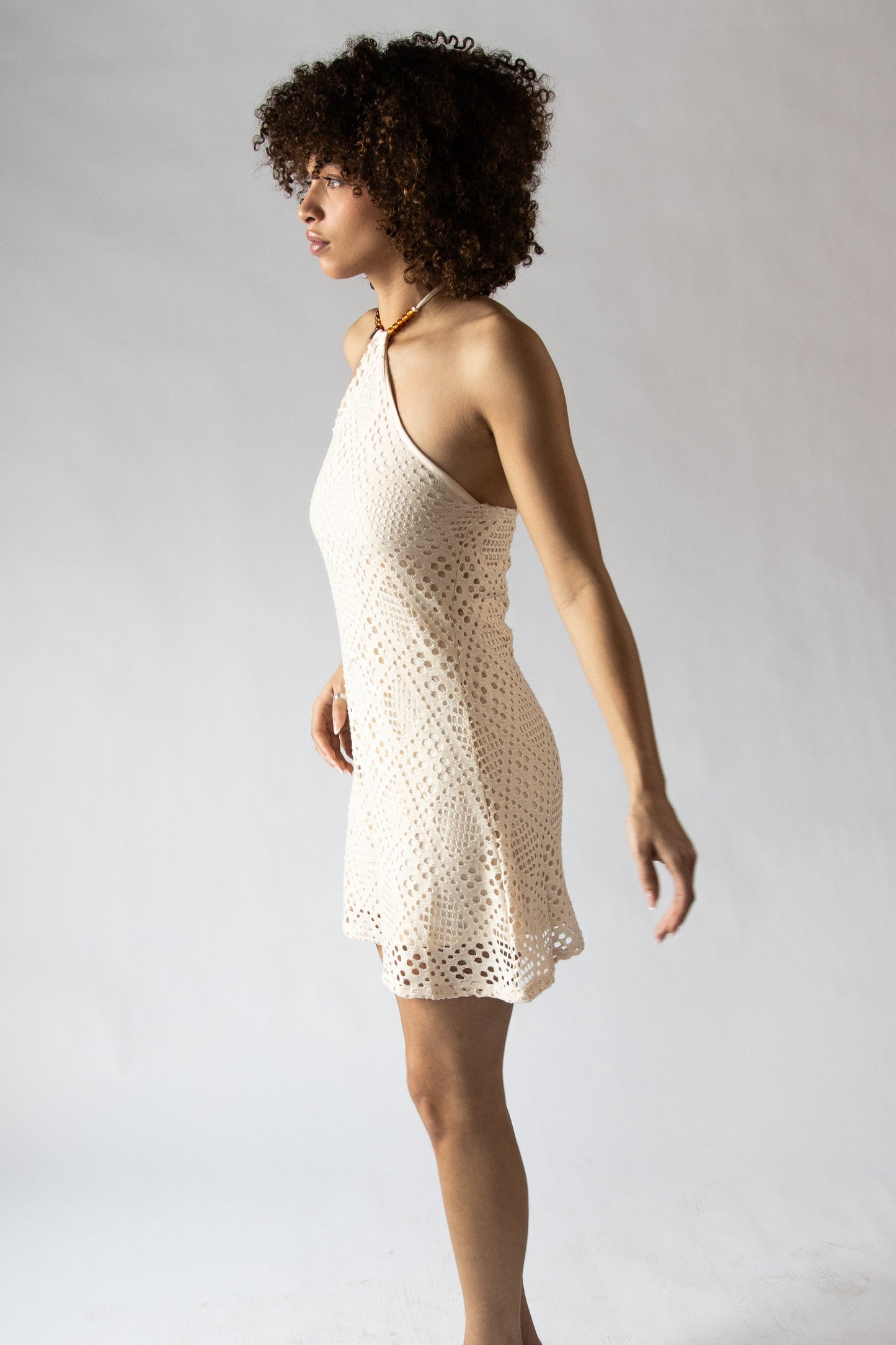 Diamond Pointelle Beaded Halter Mini Dress