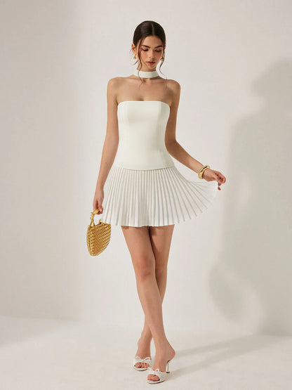 Halter Neck Strapless Pleated Mini Dress