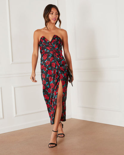 Lovestruck Satin Strapless Floral Midi Dress