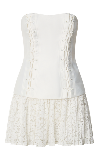 Emerie Mini Dress - Strapless Drop Waist Pleated Dress in Cream
