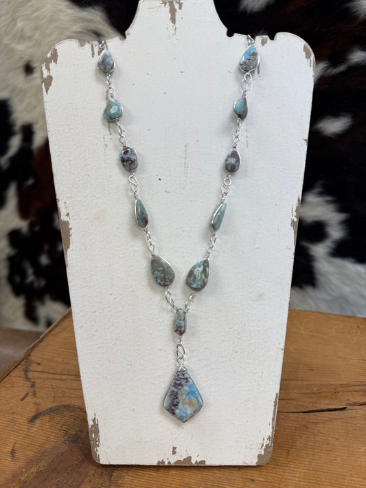 Handmade Larimar Natural Stone Pendant Silver Chain Necklace