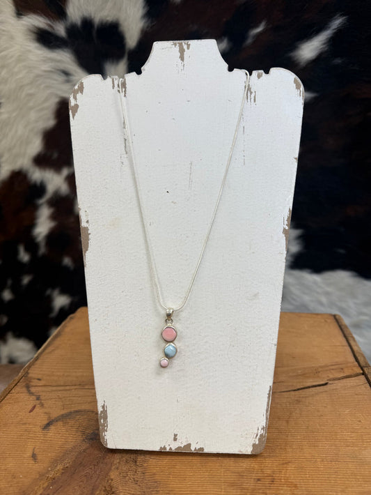 Handmade Conch & Larimar Natural Round 3-Stone Drop Pendant Sterling Silver Necklace