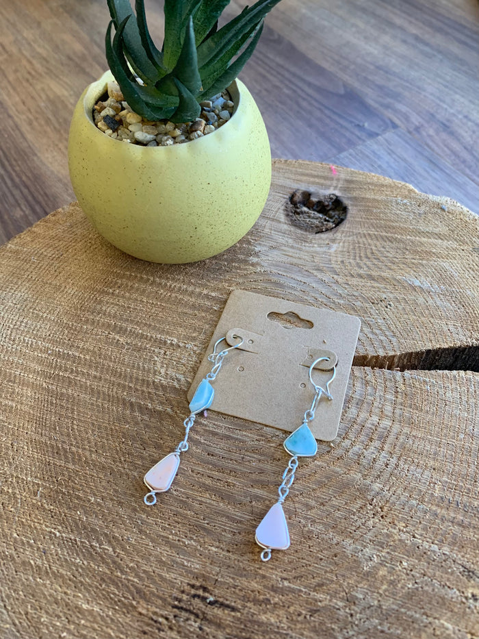 Handmade Conch & Larimar Natural Stone Teardrop Silver Dangle Earrings