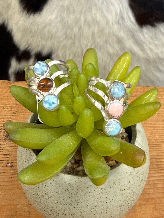 Handmade Women's Larimar Natural Stone Amber & Conch Round 3-Stone Sterling Silver Ring
