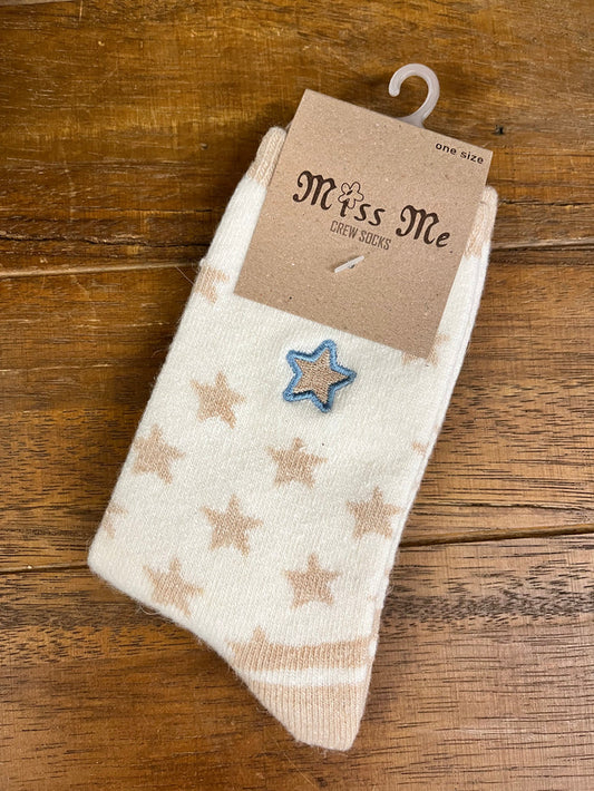 Miss Me Women's Beige Star Socks ACC0003-Painted Cowgirl Western Store
