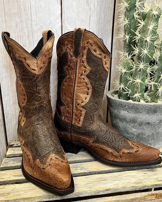 Laredo Men's Brown Leather & Rust Ronnie Overlay Snip Toe Cowboy Boots 68471-Painted Cowgirl Western Store