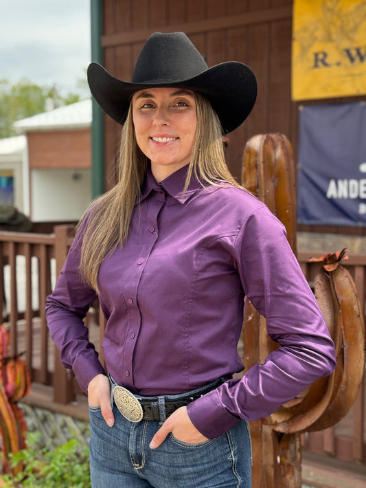 RHC Equestrian Women's Solid Plum Sateen Lycra Hidden Zipper Western Show Shirt 68520-P