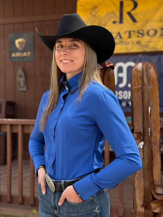 RHC Equestrian Women's Blue Double Collar/Contrast Cuff Moisture Wicking Western Show Shirt 68233-RBLU