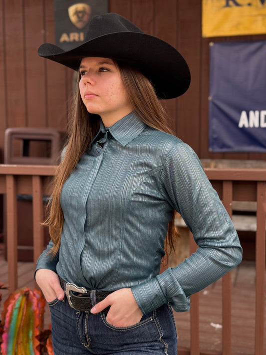 RHC Equestrian Women's Teal Green Sateen Lycra Hidden Zipper Western Show Shirt 70357-T