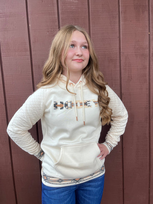 Hooey Cream Quilted Pattern Aztec Accent Hoodie HH1256CR-Painted Cowgirl Western Store