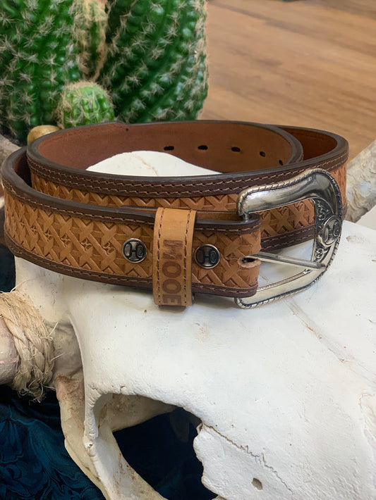 Hooey 'Hands Up" Natural Basketweave Embossed Leather Belt HMBLT031-Painted Cowgirl Western Store