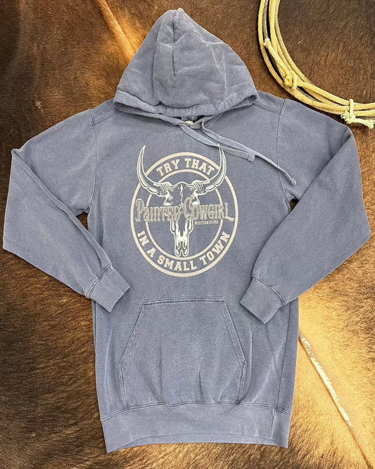 Painted Cowgirl Logo Unisex Try That In A Small Town Faded Denim Hoodie-Painted Cowgirl Western Store