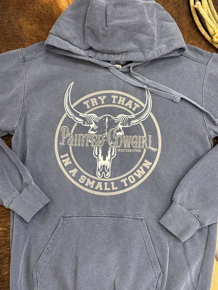 Painted Cowgirl Logo Unisex Try That In A Small Town Faded Denim Hoodie-Painted Cowgirl Western Store