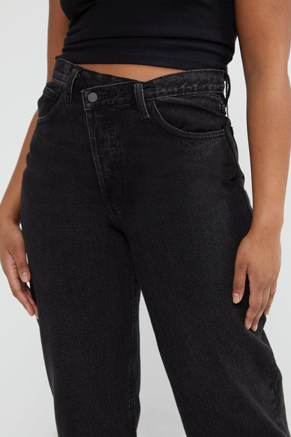 BLACK CROSSFRONT STRAIGHT LEG JEAN