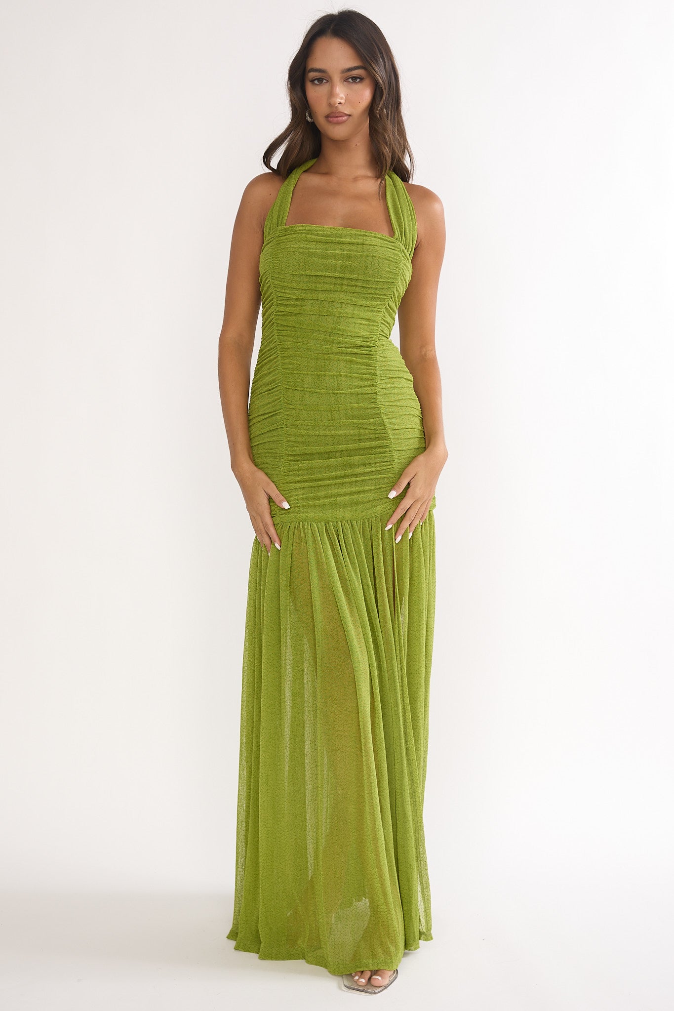 Galinda Ruched Bodice Halterneck Maxi Dress Olive