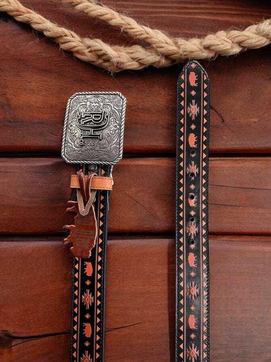 Red Dirt Hat Co. Men’s Genuine  Black w/Rust Bison and Brown Printed Design Leather Belt 24069BE5-Painted Cowgirl Western Store