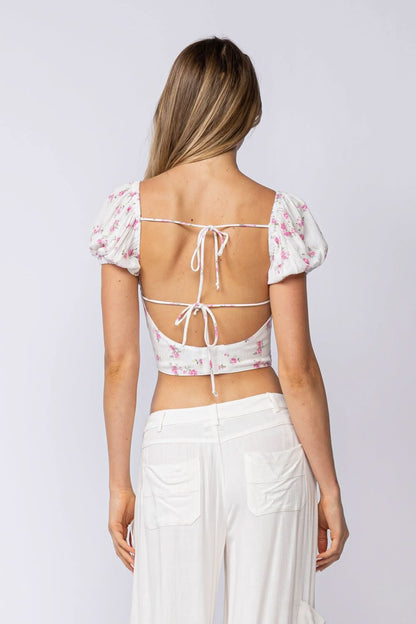 Appian Way White & Pink Floral Puff Sleeve Crop Top