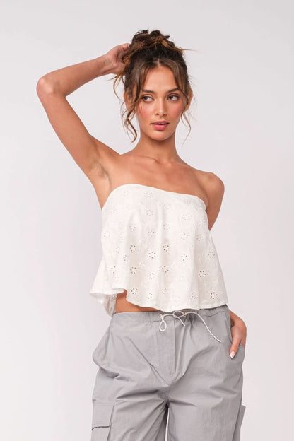 Coastal Babe White Eyelet Strapless Top