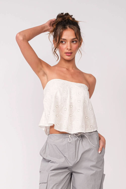 Coastal Babe White Eyelet Strapless Top