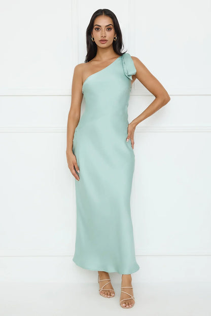 Night Of Distinction One Shoulder Satin Maxi Dress Sage