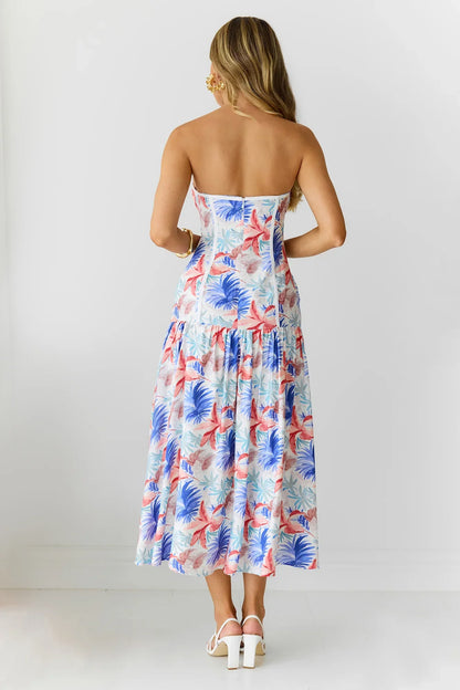 Palm Oasis Strapless Midi Dress Blue
