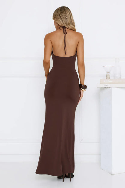 Soft Power Dressing Halter Maxi Dress Chocolate
