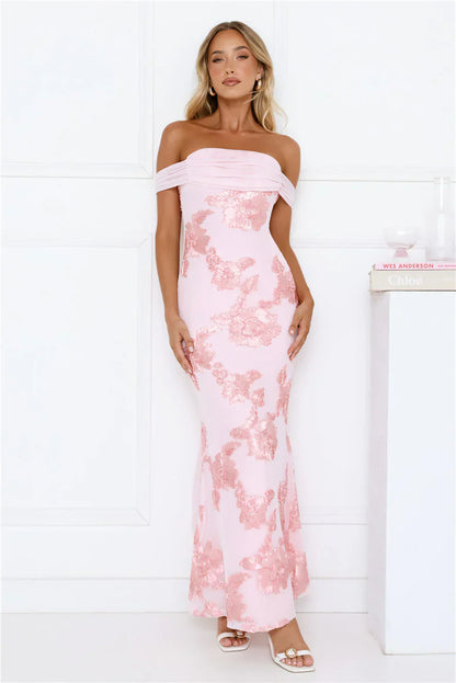 Lush Bloom Embroidered Off Shoulder Maxi Dress Pink