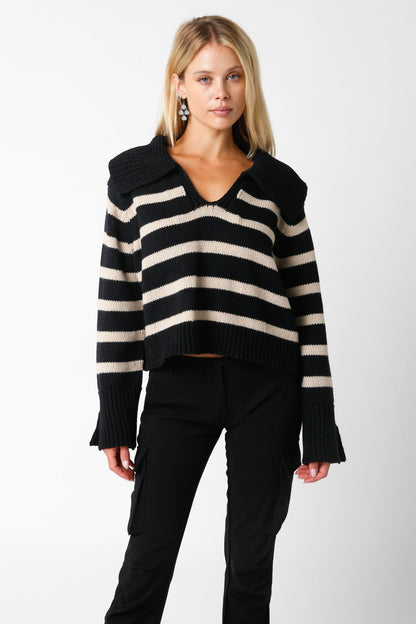 Addison Black and Khaki Striped Collared Sweater