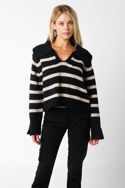 Addison Black and Khaki Striped Collared Sweater
