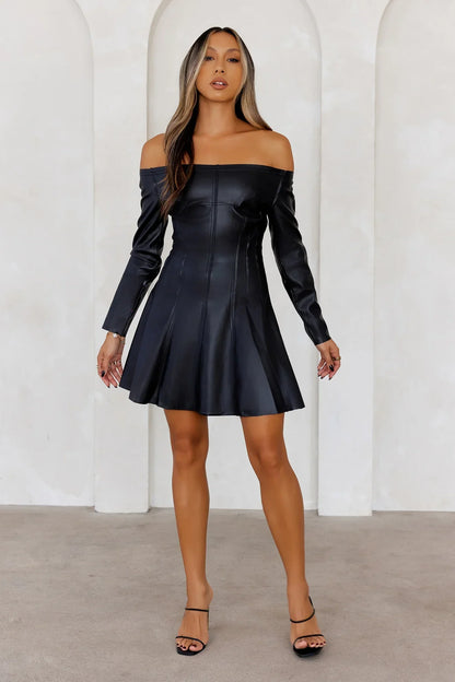 Luxe Lookbook Off Shoulder Faux Leather Mini Dress Black