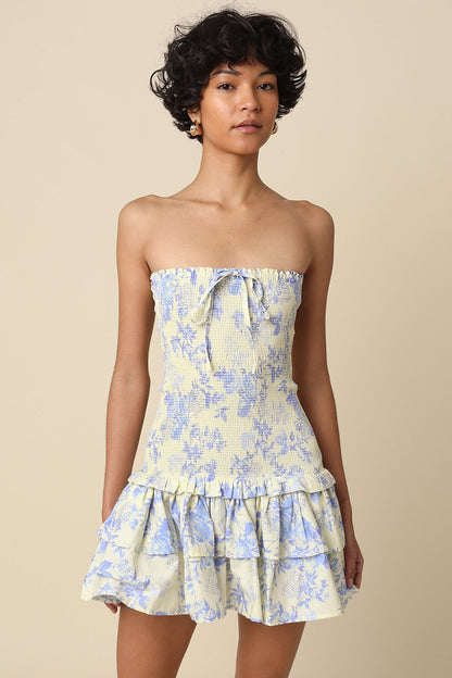 Aimee Cream & Blue Floral Strapless Mini Dress