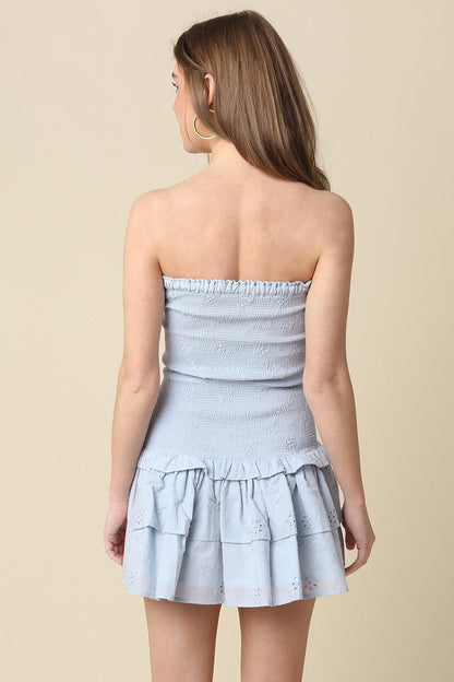Aimee Light Blue Eyelet Strapless Mini Dress