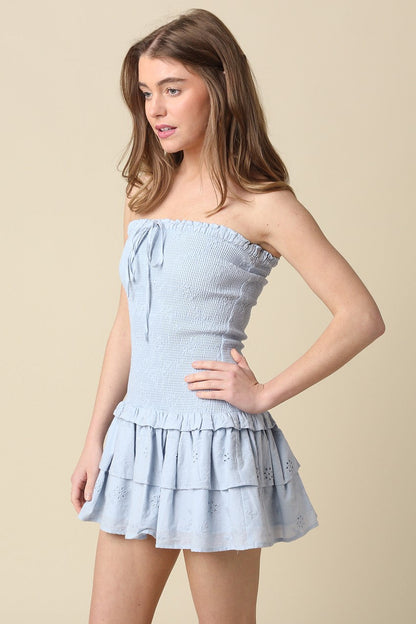 Aimee Light Blue Eyelet Strapless Mini Dress