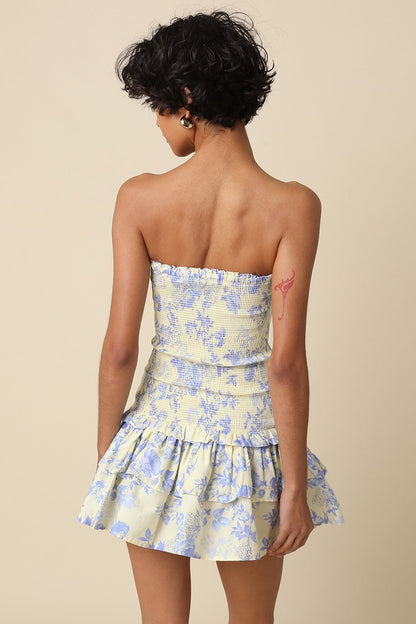 Aimee Cream & Blue Floral Strapless Mini Dress
