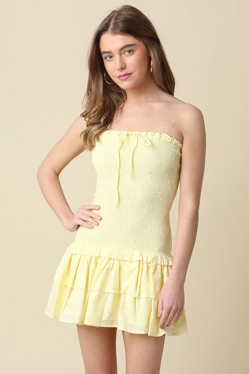 Aimee Yellow Eyelet Strapless Mini Dress