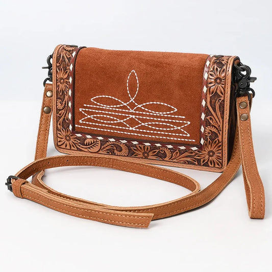American Darling Tan Genuine Suede & Tooled Leather Organizer Purse ADBG1653